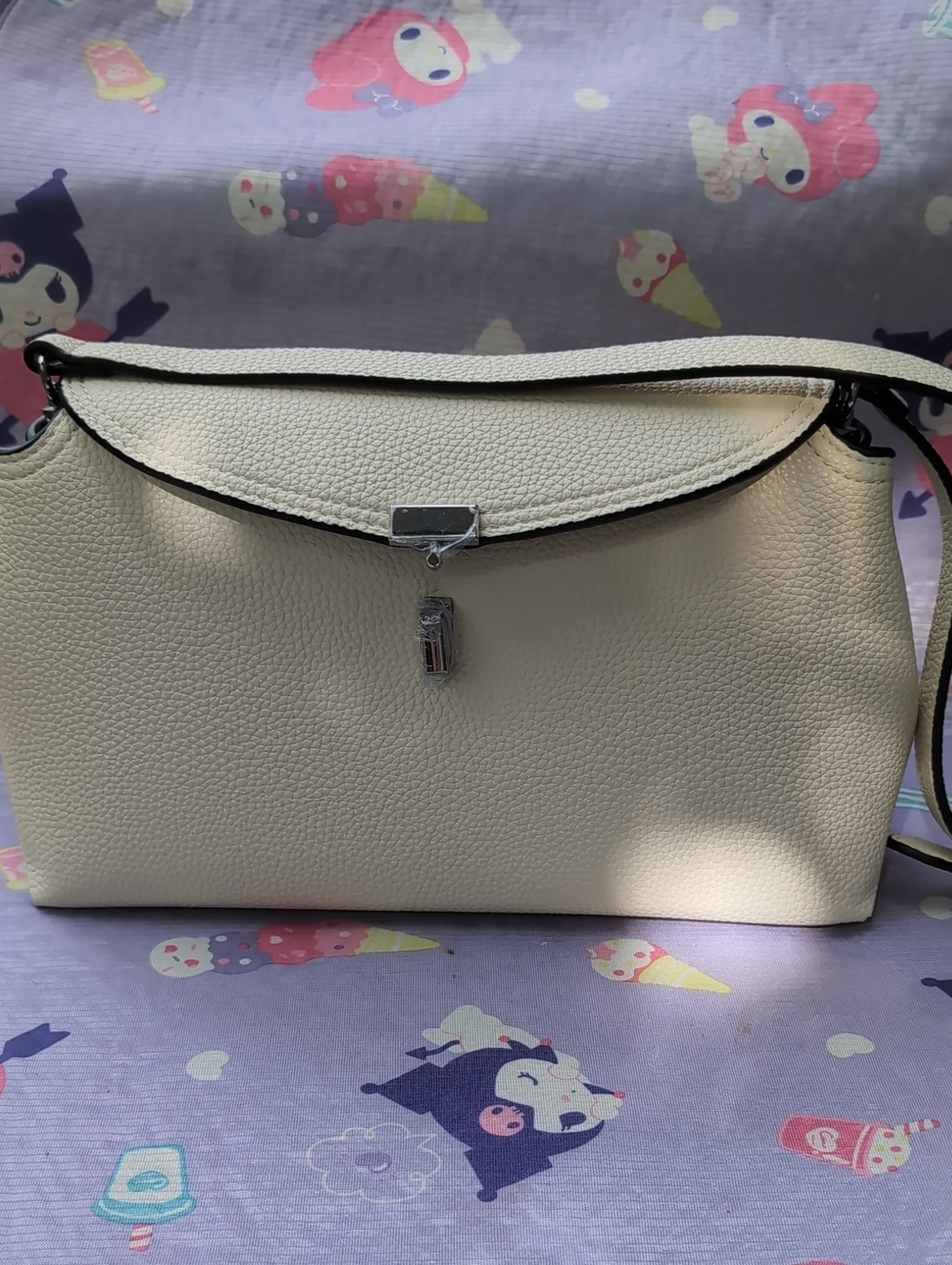 Cream Pebbled Crossbody Bag with Silver Hardware